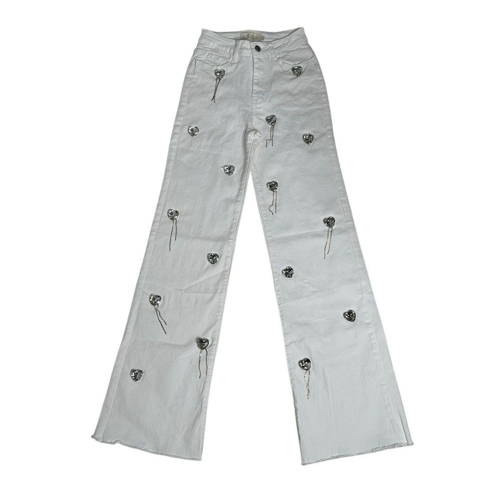 Wide Legs Rinestones Metal Stretch White Denim Women's Size 3